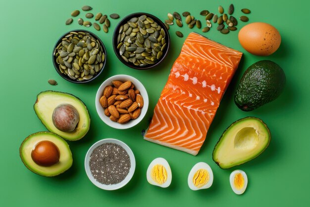 Keto diet essentials with salmon eggs avocado and superfoods for a healthy lowcarb lifestyle