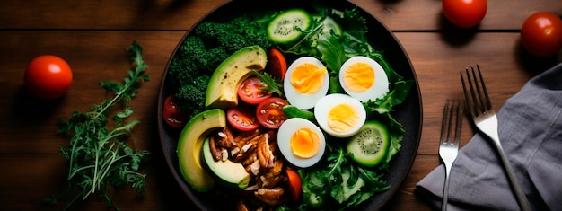 Photo keto plate eat eggs avocado greens nuts generative ai food