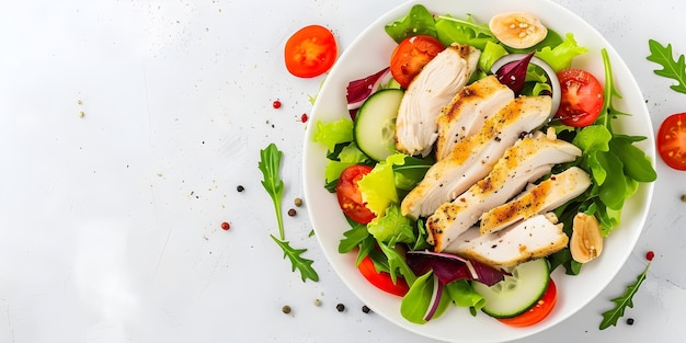 KetoFriendly Chicken Fillet Salad from Above on White Background Concept Food Photography KetoFriendly Recipes Chicken Fillet Salad Healthy Eating High Angle Shot