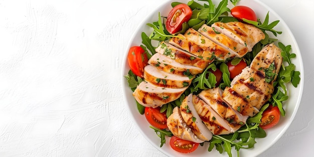 KetoFriendly Chicken Fillet Salad Top View on White Background Concept Food Photography Keto Diet Chicken Recipes Salad Presentation White Background