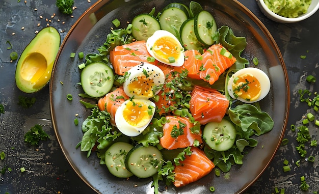 Photo ketogenic diet breakfast salt salmon salad with greens cucumbers eggs and avocado keto paleo lunch