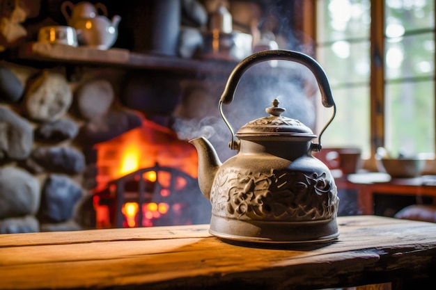 kettle set against the backdrop of dancing flames and water simmering create a captivating display of culinary elegance in rustical setting