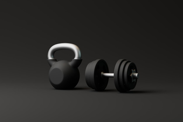 Kettlebell and Dumbbell on a dark background Gym time 3D render illustration