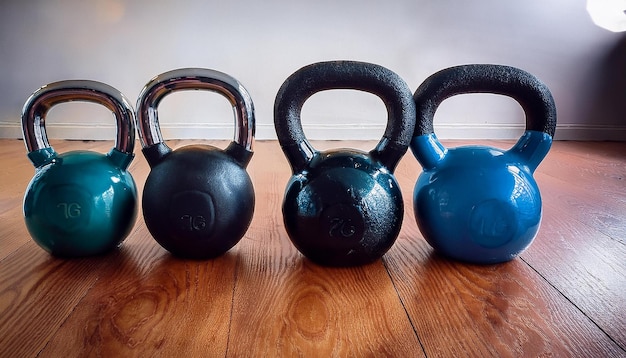 Photo kettlebell row on wooden floor ready for workout