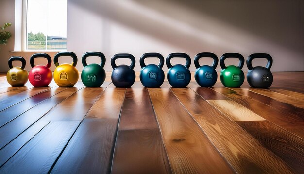 Photo kettlebell row on wooden floor ready for workout