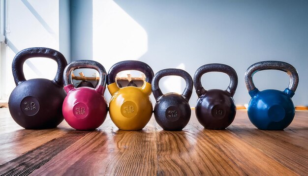 Photo kettlebell row on wooden floor ready for workout