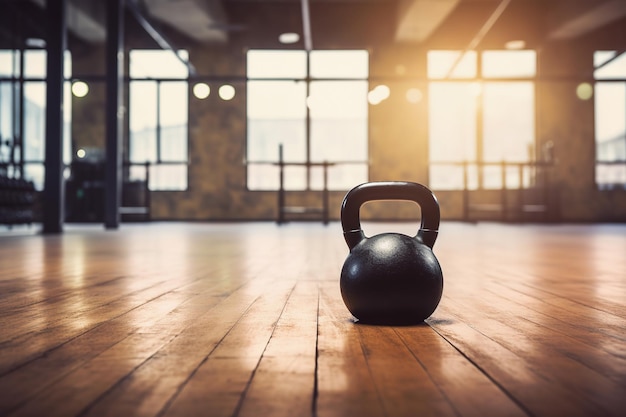 Kettlebell on wooden floor blurred empty gym background