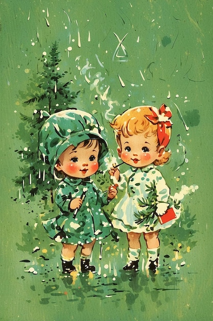 kewpie retro cartoon boy and girl smoking cigarettes in the rain with pine trees and rainbows on a green background