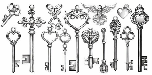 Photo key collection illustration for antiques decoration ornamental medieval collection handdrawn old realistic design modern illustration