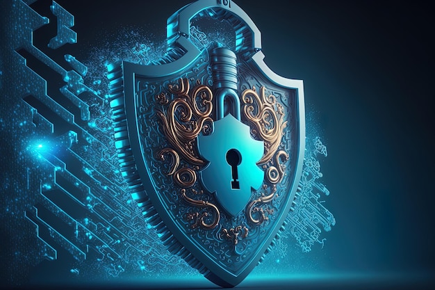 Key inside a shield on a blue background understanding cybersecurity via the internet