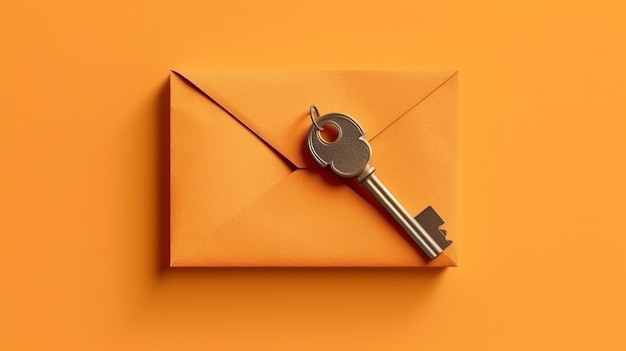 Key in an open envelope on an orange backgroundgenerative ai