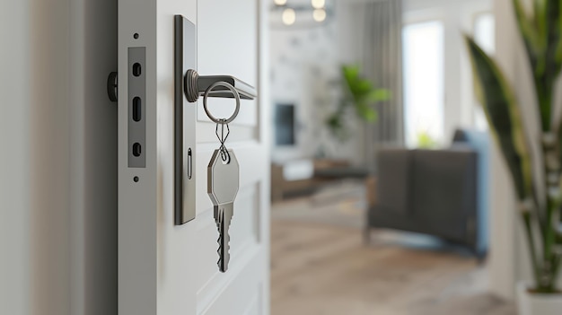 Key ring and keys on the door and modern living room Real estate concept with copy space