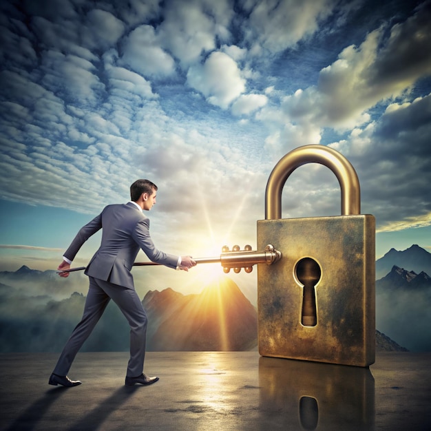 Photo key success business sales marketing key to success abstract concept for business sales marketing a businessman pulls a key through a surreal landscape to a lock