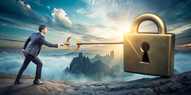 Photo key success business sales marketing key to success abstract concept for business sales marketing a businessman pulls a key through a surreal landscape to a lock