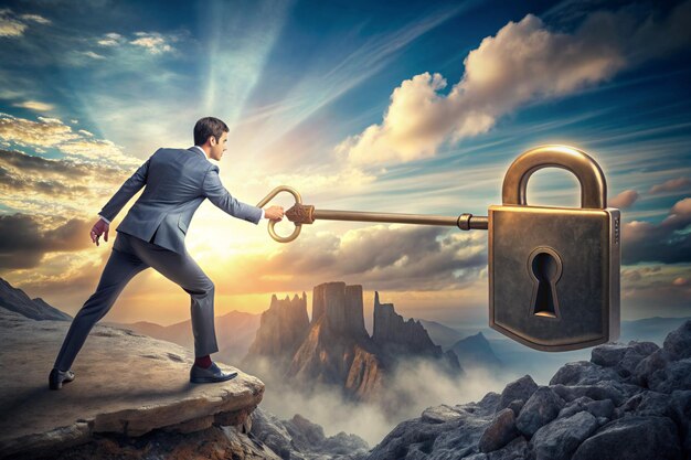 Photo key success business sales marketing key to success abstract concept for business sales marketing a businessman pulls a key through a surreal landscape to a lock