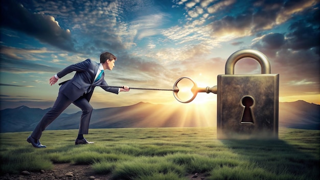 Photo key success business sales marketing key to success abstract concept for business sales marketing a businessman pulls a key through a surreal landscape to a lock