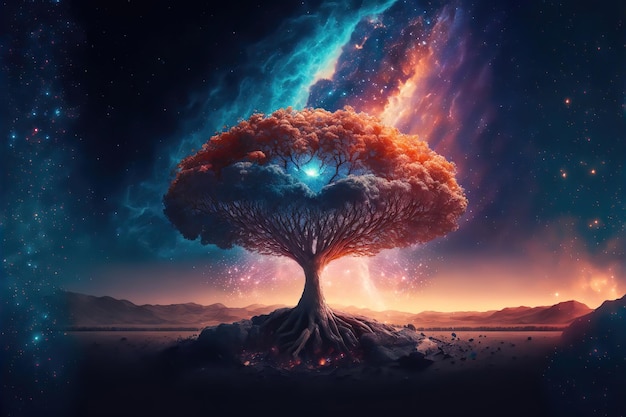 Key visual of colorful tree of life in front of a galaxy, universe, crystals and nebulae, supernova,