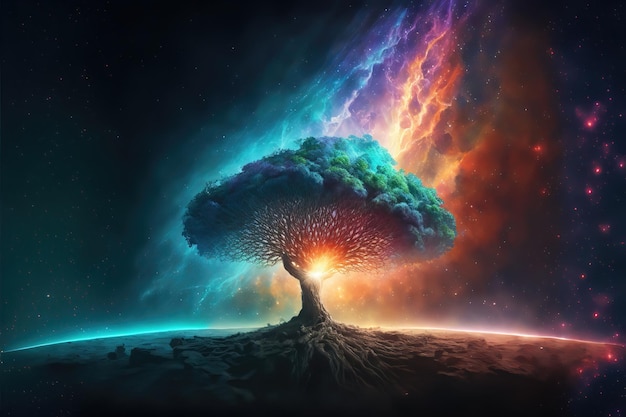 Key visual of colorful tree of life in front of a galaxy, universe, crystals and nebulae, supernova,