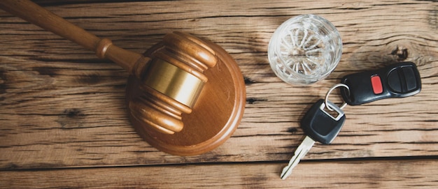 Key with glass and judge gavel on desk