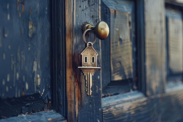 Key with a house shape keychain in the door keyhole