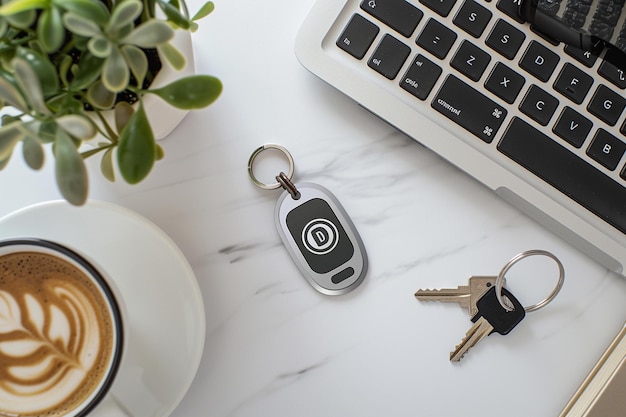 Photo a key with a symbol on it sits next to a keyboard