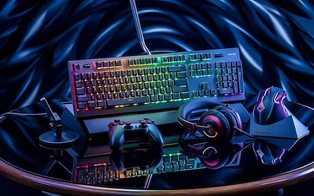 Photo a keyboard and mouse are on a desk with a mouse and keyboard