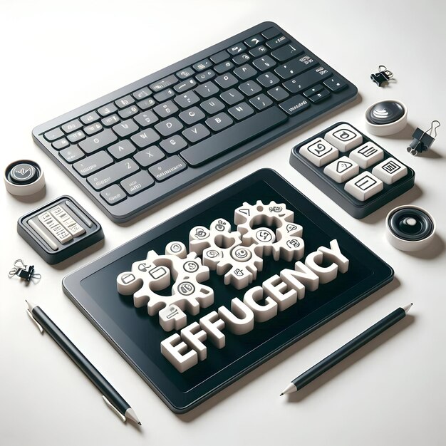 Photo keyboard and tablet with work efficiently text isolated on white background concept as camera moveme