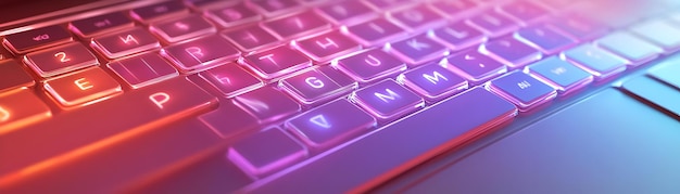 Photo keyboard with holographic shortcuts floating above keys concept as a keyboard is set on a white surf