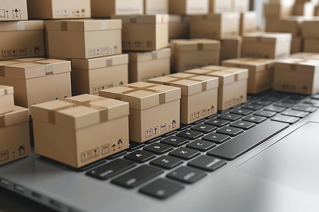 a keyboard with many boxes of cardboard boxes on it