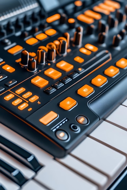 a keyboard with orange and black buttons and orange lights