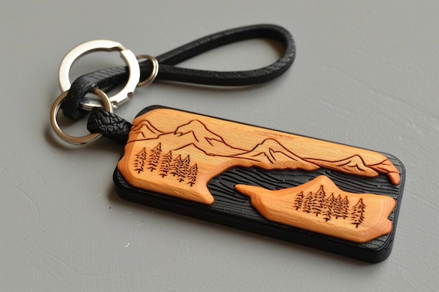 Photo a keychain that has a picture of a mountain on it