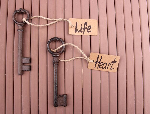 Photo keys to happiness conceptual photo on color wooden background