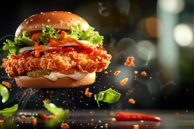 A KFC Zinger burger with spicy fried chicken lettuce and mayo on a soft bun ingredients flying