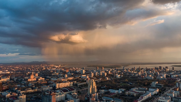 Khabarovsk city top view sunset beautiful clouds in the rain High quality photo