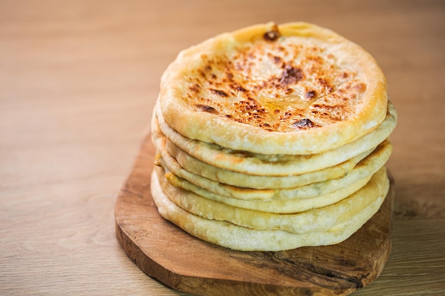 Khachapuri cheese bread, traditional caucasian or Georgian national food, copy space