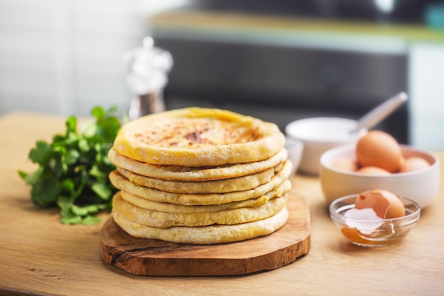 Khachapuri cheese bread, traditional caucasian or Georgian national food, horizontal