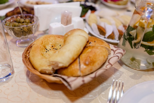 Khachapuri on the table in the restaurant at lunch