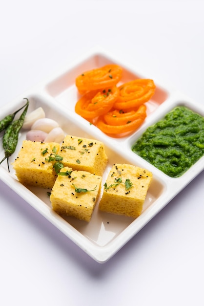 Khaman Dhokla with Jalebi or imarti popular snack combination from India