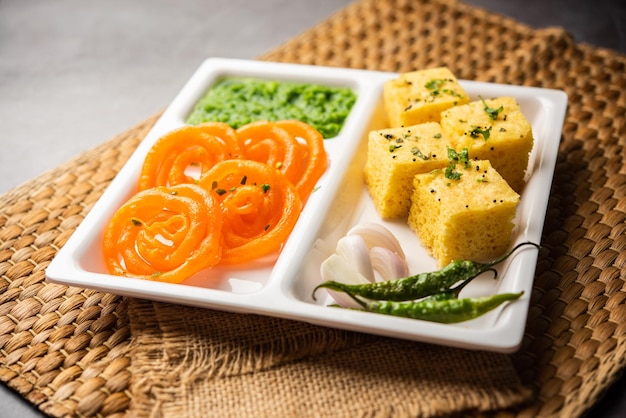 Khaman Dhokla with Jalebi or imarti popular snack combination from India