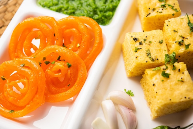 Khaman Dhokla with Jalebi or imarti popular snack combination from India