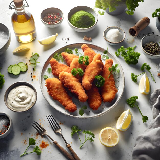 Kibbeling Fried Fish with Tartar Sauce on Marble Counter