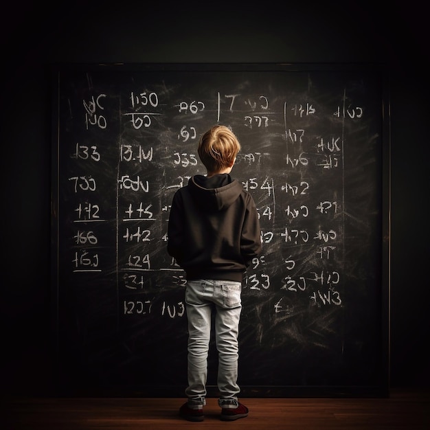 Photo kid are trying to solve math on the black board