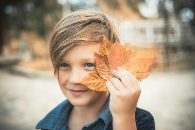 Kid on an autumn holiday in the farm Bye summer hi autumn Fairhaired kid playing with leaves and loo