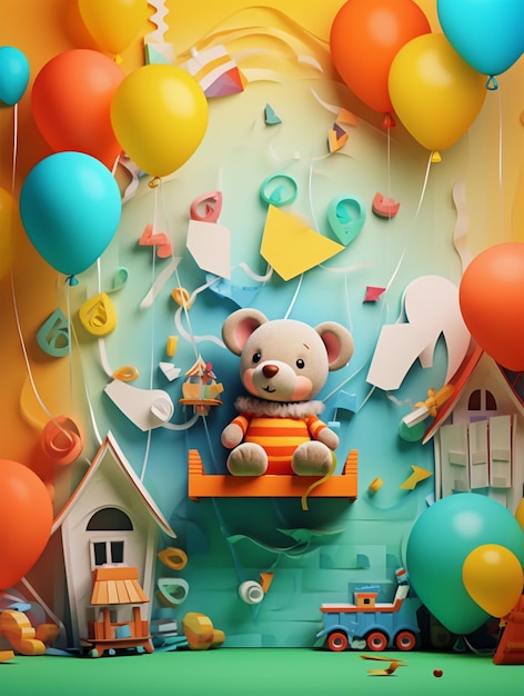 Kid birthday theme 3D background with paper cut art