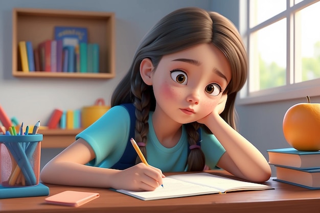 Kid boring about somethingback to schoolcute girl bored homework