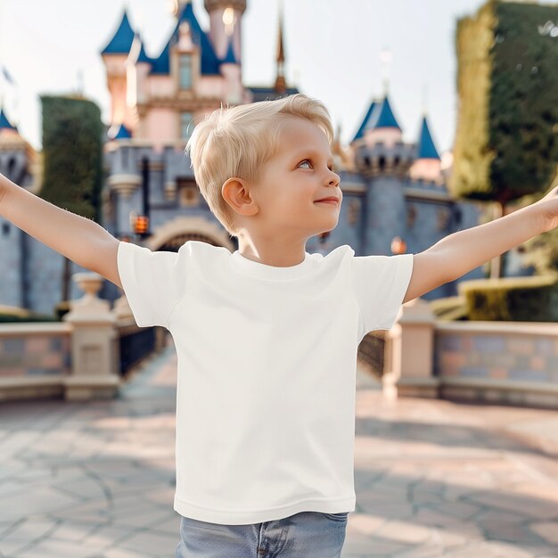 Photo kid boy model in white bella canvas 3001 mockup blank tshirt front view mockup outdoor holiday