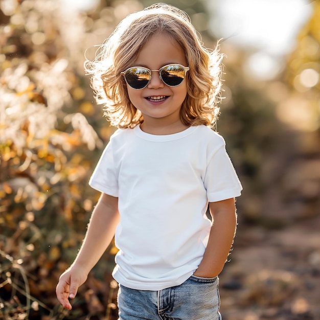 Photo kid boy model in white bella canvas 3001 mockup blank tshirt front view mockup outdoor holiday