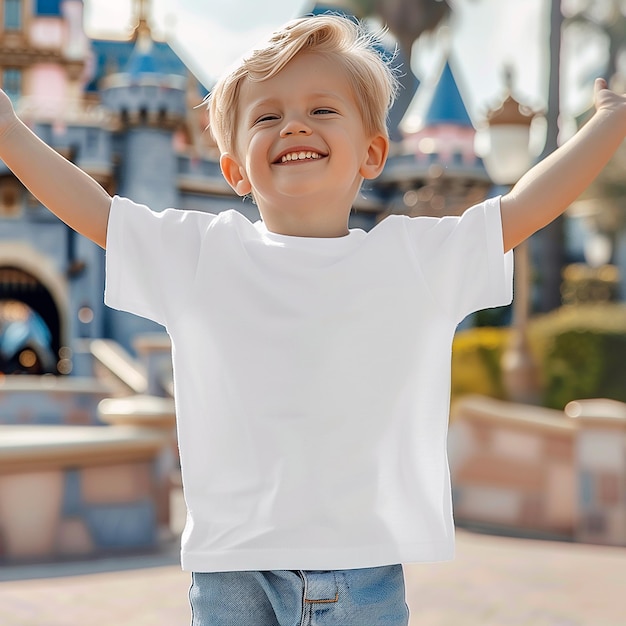 Kid boy model in white Bella Canvas 3001 mockup Blank tshirt front view mockup Outdoor holiday