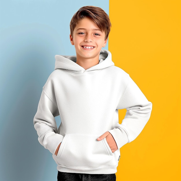 Kid boy model white hoodie mockup front view Preschoolar school aged kids mock up