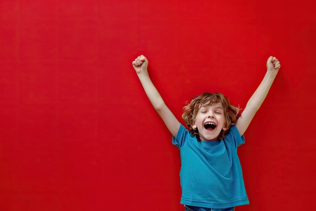 Kid celebrating with a red background